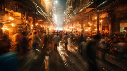 Fototapeta na wymiar Blurred Motion of Busy Market Street at Night. Long Exposure Motion Blur Style. Generative AI.