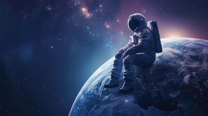 Fototapeta na wymiar Astronaut in spacesuit sits on planet Earth globe. Spaceman in space. AI Generated 
