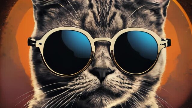 Cat staring at the camera with orange background, featured wearing stylish sunglasses.
