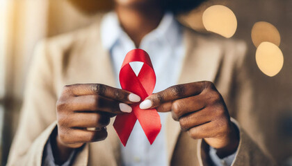woman's hand holding a red ribbon for HIV and AIDS awareness - obrazy, fototapety, plakaty