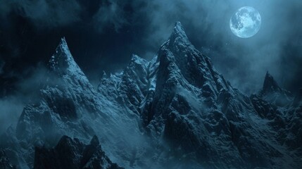 Jagged frozen peaks pierce the dark stormy sky their sharp edges glinting in the pale light of the moon. - obrazy, fototapety, plakaty