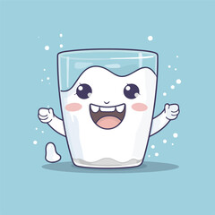 Cute kids tooth with water or mouthwash. Flat desig