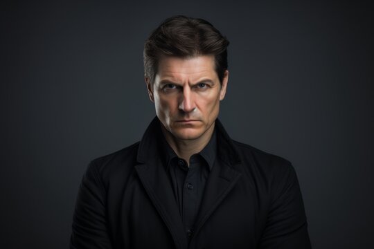 Portrait of a serious man in a black jacket on a dark background