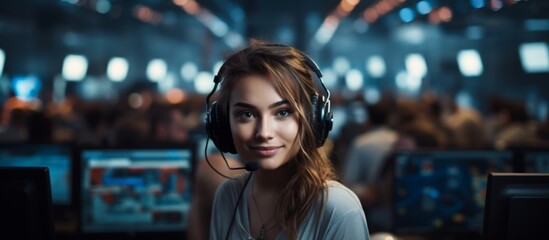 A woman with a pleasant smile, wearing electric blue headphones and microphone, sits in front of a computer. She looks pleased and ready to have fun at a sharing event in the darkness - obrazy, fototapety, plakaty