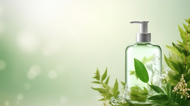 bottle soap cream shampoo green plant advertising background ai concept