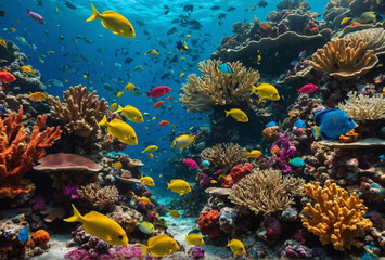Naklejka na ściany i meble Tropical sea vibrant underwater scene a coral reef with colorful fishes swimming