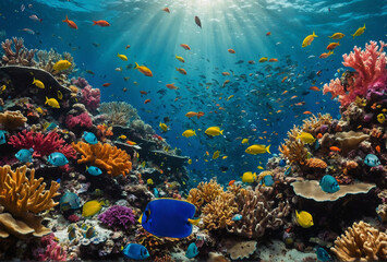 Naklejka na ściany i meble Tropical sea vibrant underwater scene a coral reef with colorful fishes swimming