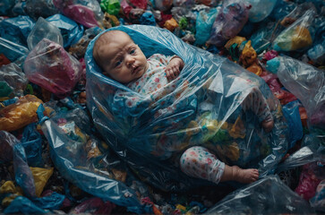 Environmental plastic pollution problem, baby wrapped in a plastic bag, surreal abstract