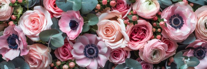 Pink roses, ranunculus, anemones, and eucalyptus leaves arrangement