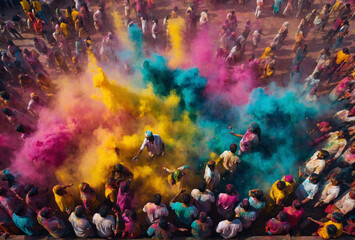 Aerial view of happy people celebrate holi festival splash colorful powder