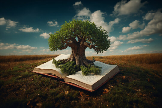 tree growing on book, surreal abstract concept of knowledge.