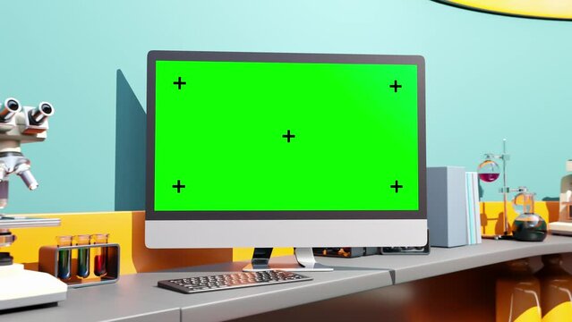 Computer MockUp. Empty desktop computer on work desk in laboratory. Can be used in erelated to science, education, or technology. Green screen for banner and logo. Animation, 3D Render.	