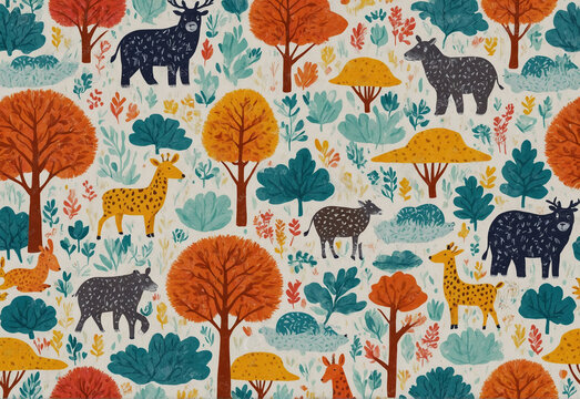 watercolor pattern of animals in forest
