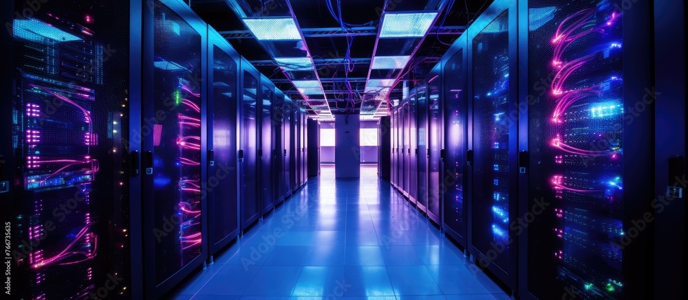 Poster the building hallway is filled with rows of electric blue and violet servers, creating a symmetrical
