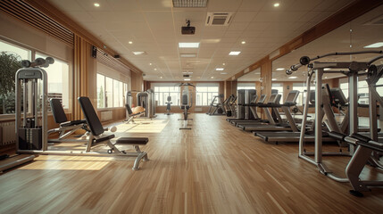 Spacious gym with air conditioning system.