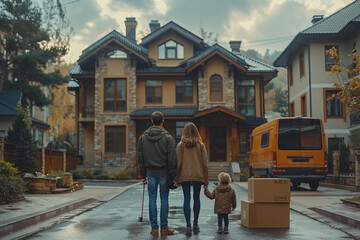 Young family mother father and child stands near a new cozy house in the summer holding the keys of apartment moving boxes a truck on the street near the house