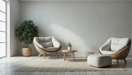 Modern minimalist interior with an armchair on empty white wall.