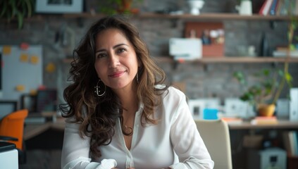 Beautiful Latin American hispanic woman entrepreneur wearing white shirt in the office. Confident businesswoman. AI Generated 