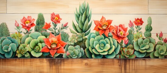 A beautiful artwork depicting a variety of succulents displayed on a rustic wooden wall in a garden setting