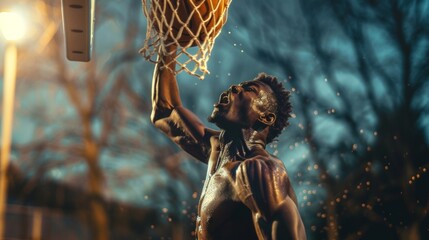 The sweat and determination evident on a basketball players face as they take a challenging jump shot.
