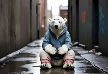 Schilderijen op glas Cute polar bear, dressed as a homeless person, in a dirty alley © M