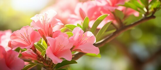 Obraz premium A closeup of pink blossoms and green leaves on a tree branch, showcasing the beauty of flowering plants in the rose family. The natural landscape includes shrubs and annual plants