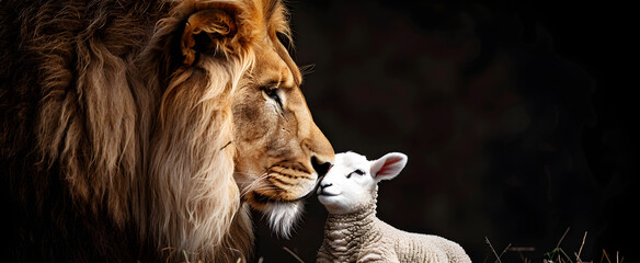 Profile of a lion and lamb isolated on a black background, representing the contrast and harmony between predator and prey. - obrazy, fototapety, plakaty