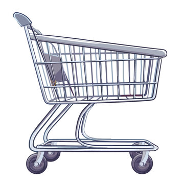 Empty supermarket chrome metal trolley cart with wh