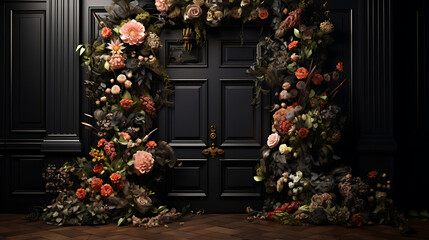 Fototapeta na wymiar Enchanting Floral Tapestry Framing an Opulent Wooden Portal: A Captivating Intersection of Nature's Beauty and Architectural Elegance