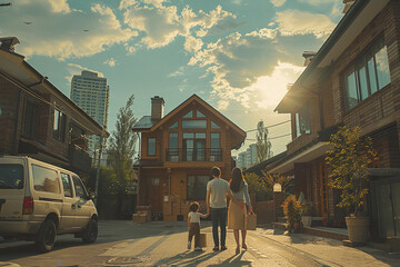 Young family mother father and child stands near a new cozy house in the summer holding the keys of apartment moving boxes a truck on the street near the house