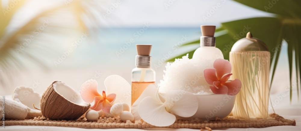 Poster a table on the beach is adorned with bottles of perfume, flowers, and coconuts. the liquid inside th