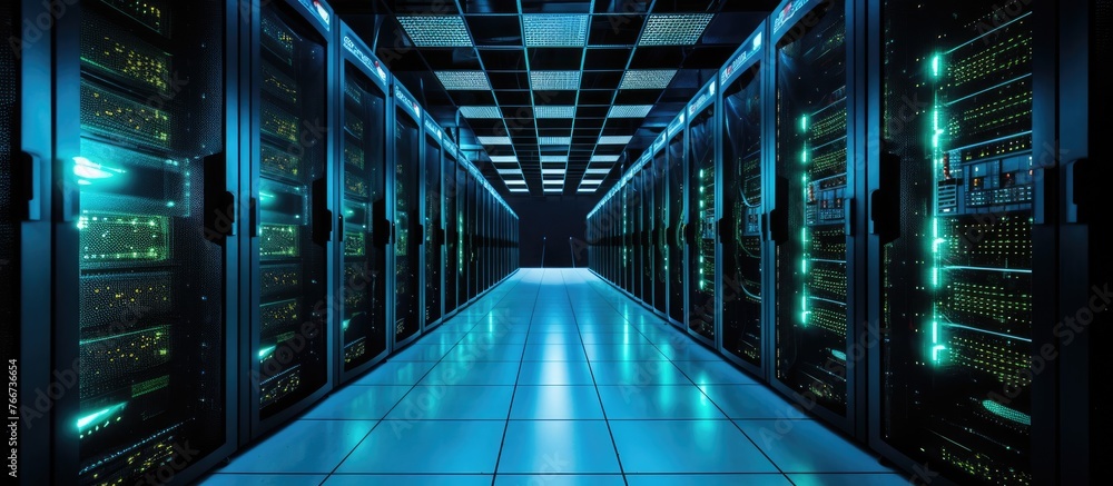 Poster a long hallway in an azure building filled with rows of electric blue servers, creating a symmetrica
