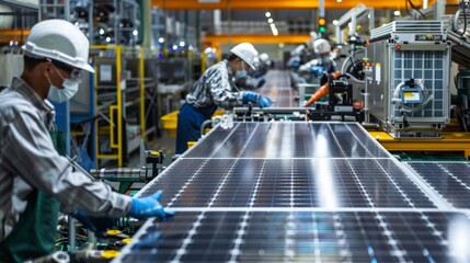 A montage of images showing the process of assembling solar panels with workers in a factory handling various components and machinery. . AI generation.