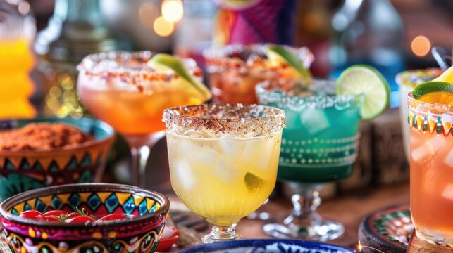 A colorful selection of Cinco de Mayo cocktails adorned with festive decorations, ready to celebrate.