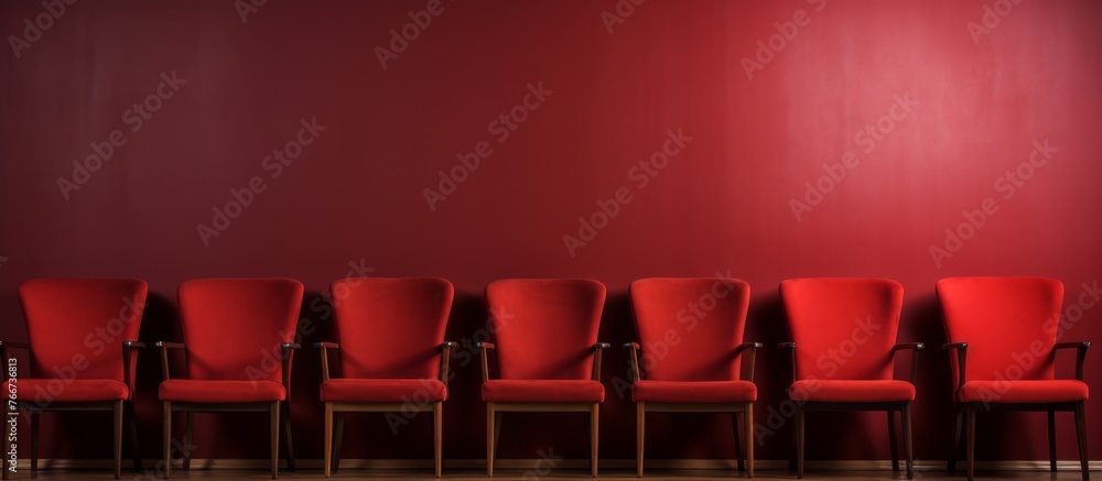 Poster a row of magenta chairs are neatly arranged in front of a crimson wall at the performing arts buildi