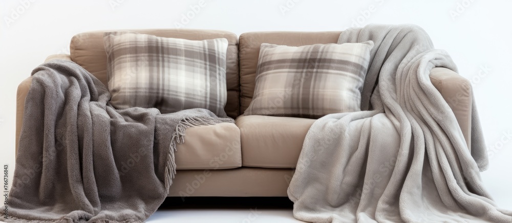 Poster a comfortable couch featuring a soft blanket and decorative pillows, creating a warm and inviting at