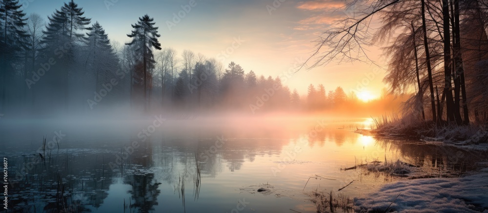 Poster the image features a detailed view of a serene lake abundant with water and surrounded by lush trees