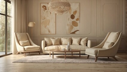 Home interior with armchair and decor in cream color living room.3d rendering

