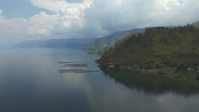 Aerial view of Lake Toba, North Sumatera, Indonesia on a cloudy day