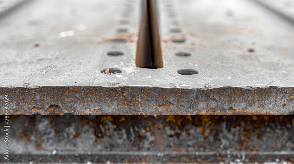 Poster a closeup of a rectangular piece of metal with visible grooves and protrusions in its surface. the m