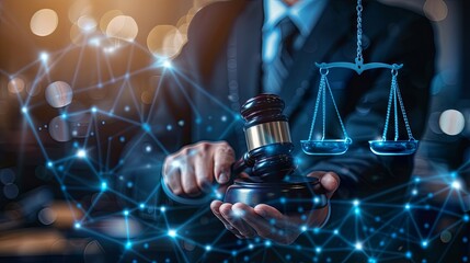 Court of Law and Justice Trial Session Imparcial Honorable Judge Pronouncing Sentence, striking Gavel. Focus on scales of justice ,Mallet, Hammer. Attorney lawyers in the digital consultant. hologram.