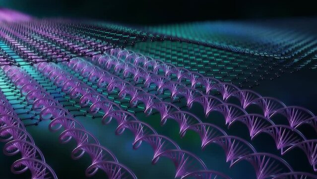 Bio Tech Print Graphene DNA loop. This nano technology 3D animation represents bio printing.
