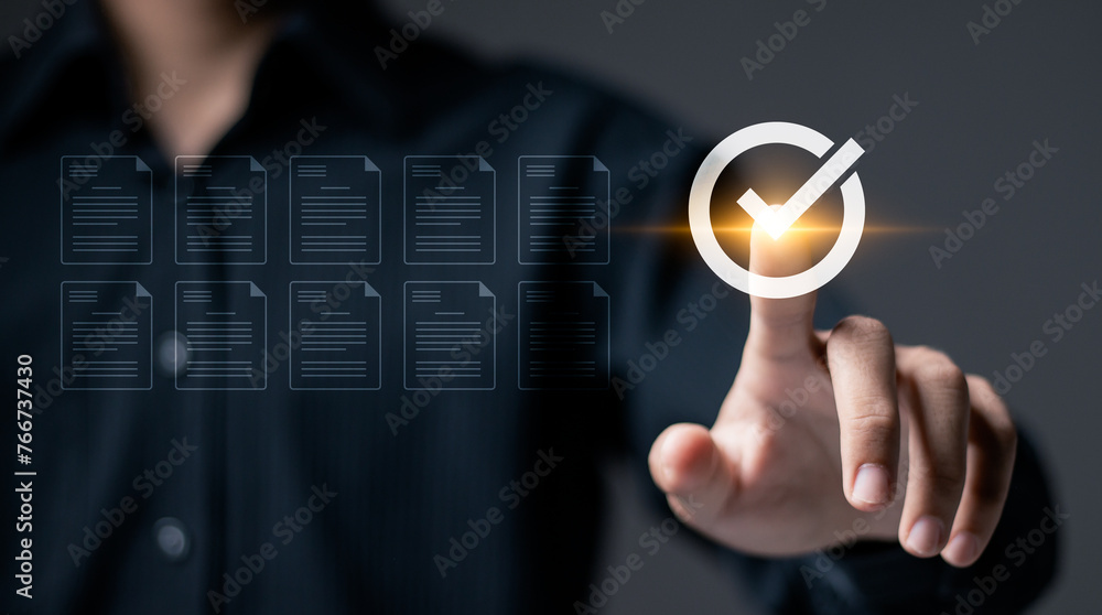 Poster business performance checklist concept. businessman touching correct mark on virtual screen to appro