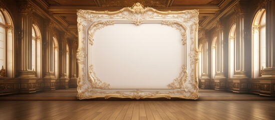 An expansive room with polished wood flooring housing a large empty picture frame for decoration