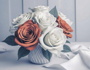 テーブルの上の花瓶に活けられた白と赤の薔薇