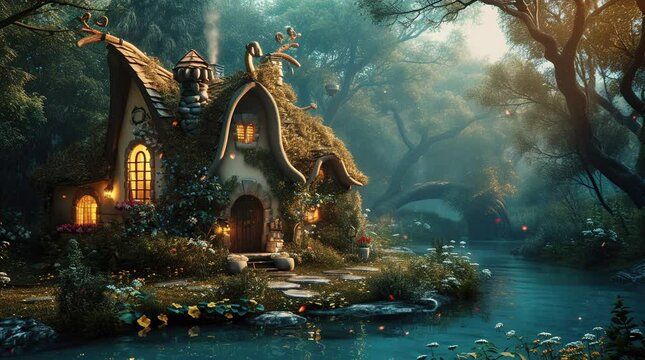 Enchanting Riverside Dwelling: A whimsical fantasy house sits nestled by the tranquil riverbank, surrounded by lush gree Seamless looping 4k time-lapse virtual video animation background. Generated AI