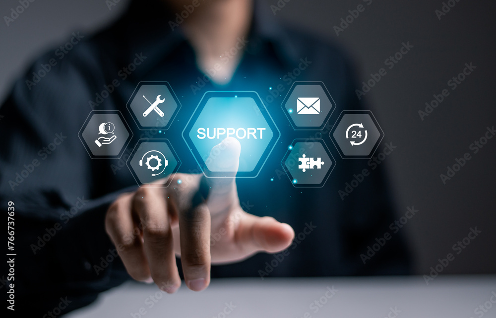 Poster technical support customer service concept, call center and customer service help. businessman touch