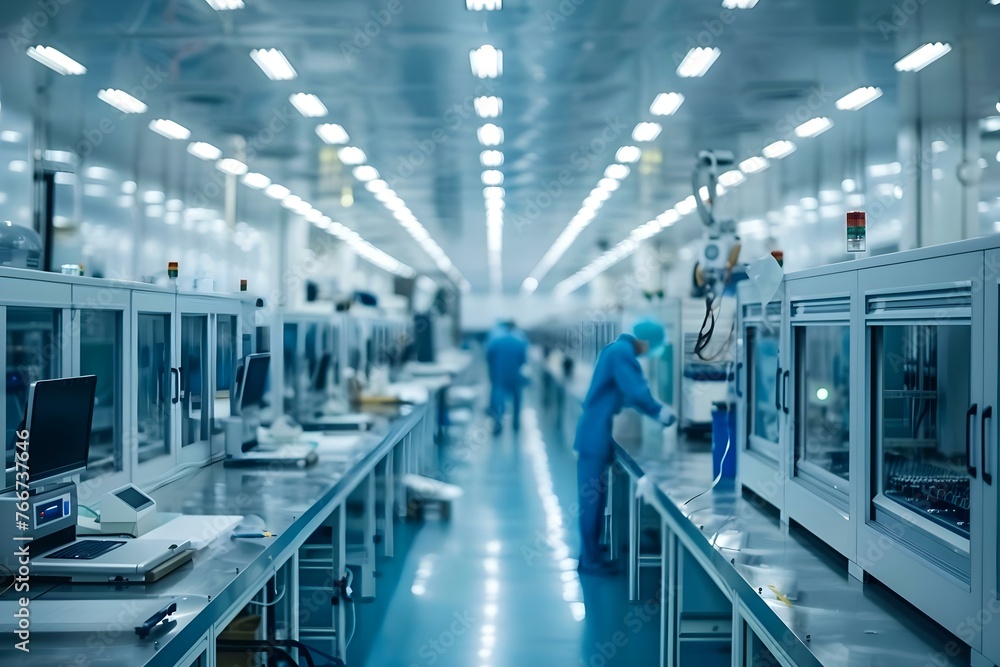 Poster workers on an assembly line in a hightech factory producing electronics and appliances. concept asse
