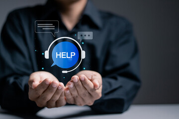Call center, online customer support concept. Person holding call center icon for personal...