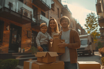 Young family mother father and child stands near a new cozy house in the summer holding the keys of apartment moving boxes a truck on the street near the house - obrazy, fototapety, plakaty